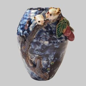 Handmade Vase Antique Reproduction Birds Berries Blue Brown Glazed Ceramic Decor